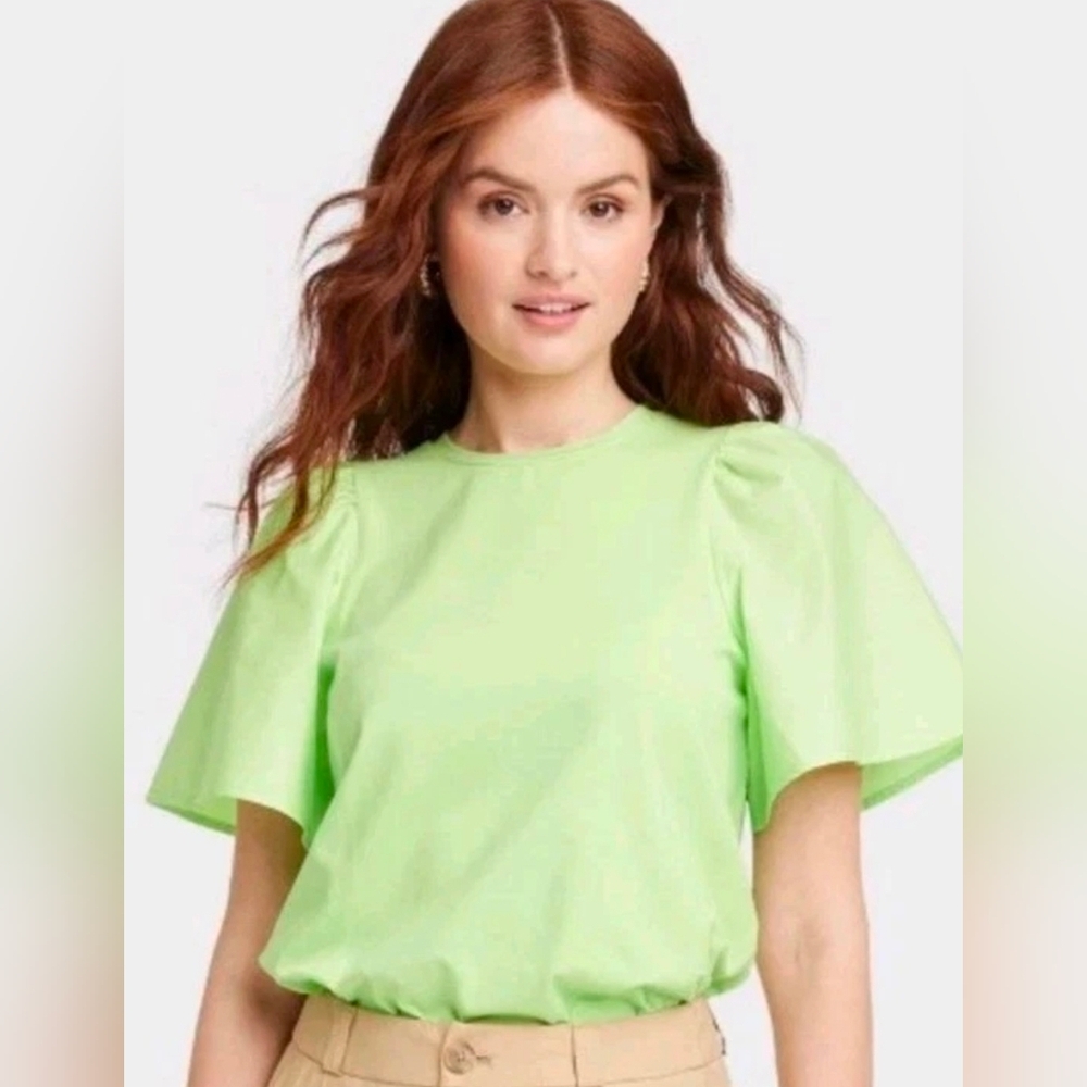 A New Day Tshirt Puff Sleeve Size Medium Green Short Sleeve Shirt